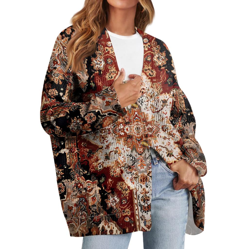 Women's Fashion Long Sleeve Print V-Neck Button Loose Cardigan Top