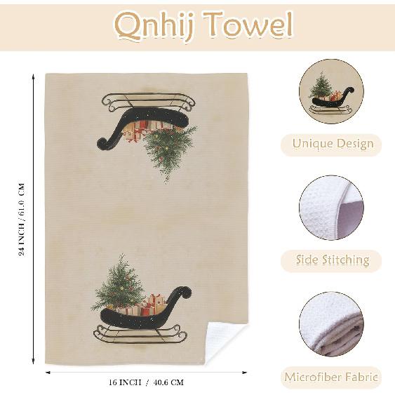 Vintage Christmas Kitchen Towels, Winter Christmas Sleigh Xmas Tree Dish Tea Towels for Kitchen Decor, Rustic Christmas Decorative Hand Towels for