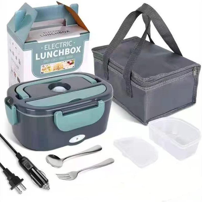 Portable 2-in-1 Electric Heating Lunch Box with Car Adapter, Stainless Steel & Plastic, Insulated for Home & Travel.