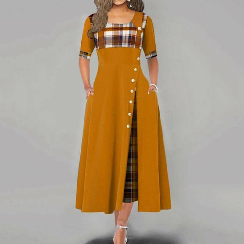 Casual Women Irregular Plaids Button Maxi Dress Half Sleeve Plus Dress Size