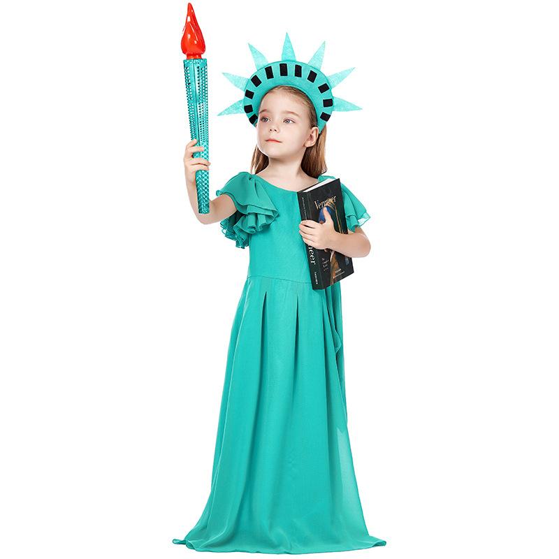 Kinder Mädchen Antike Römische Göttin Freiheitsstatue Kleid Robe Hut Set Kinder Halloween Cosplay Kostüme Kindergarten Aufführung Rollenspiel Outfit