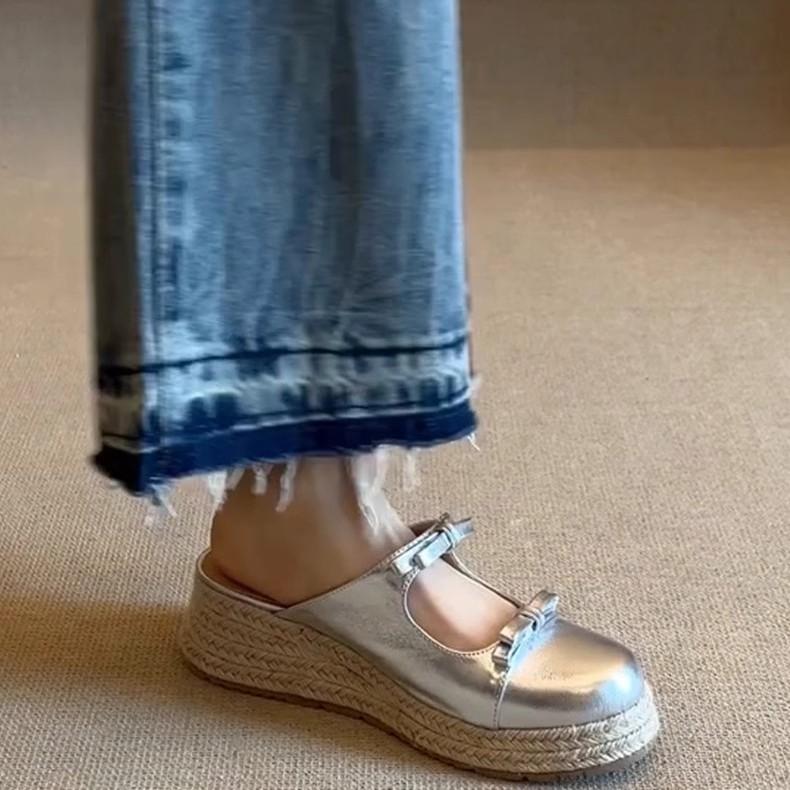 French Straw Thick-soled Bag Head Bow Cool Slippers Women's Summer 2025 New Versatile Skirt Half Slippers