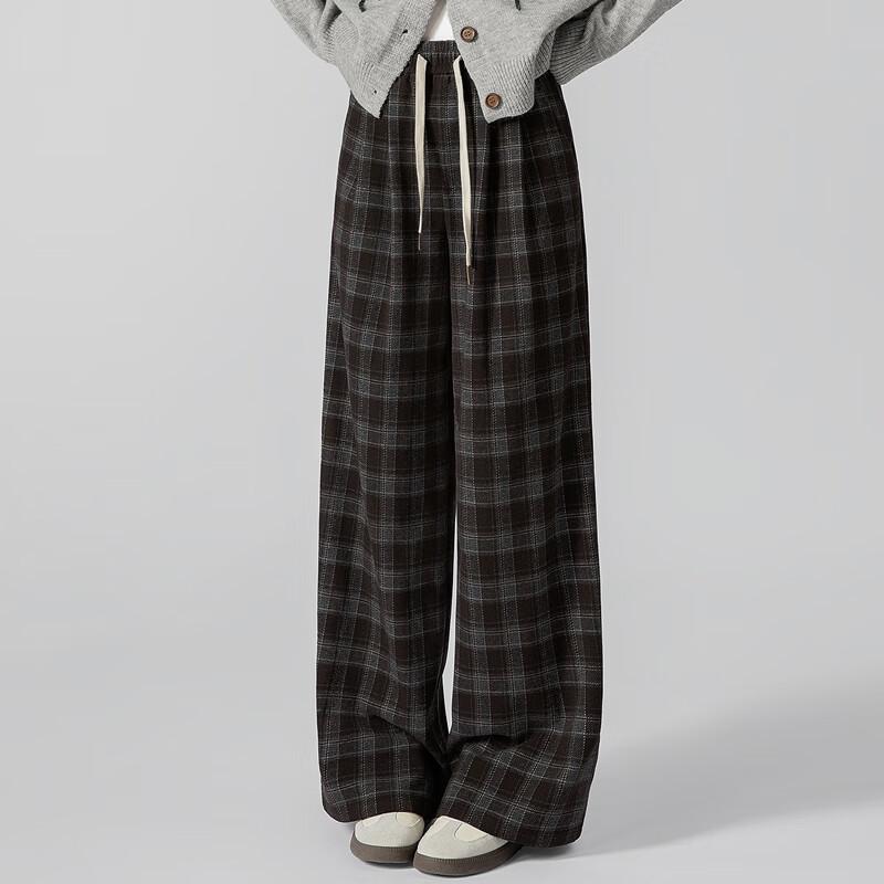 Women's High-Waist Loose Plaid Drawstring Casual Pants