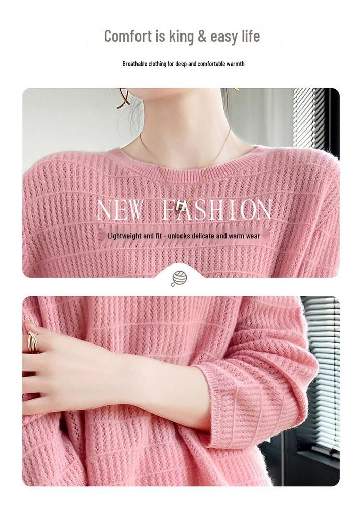 Women's Pure Wool Knit Cashmere Sweater - Round Neck, Hollow Design, Loose Fit, Slimming Pullover for Autumn and Winter
