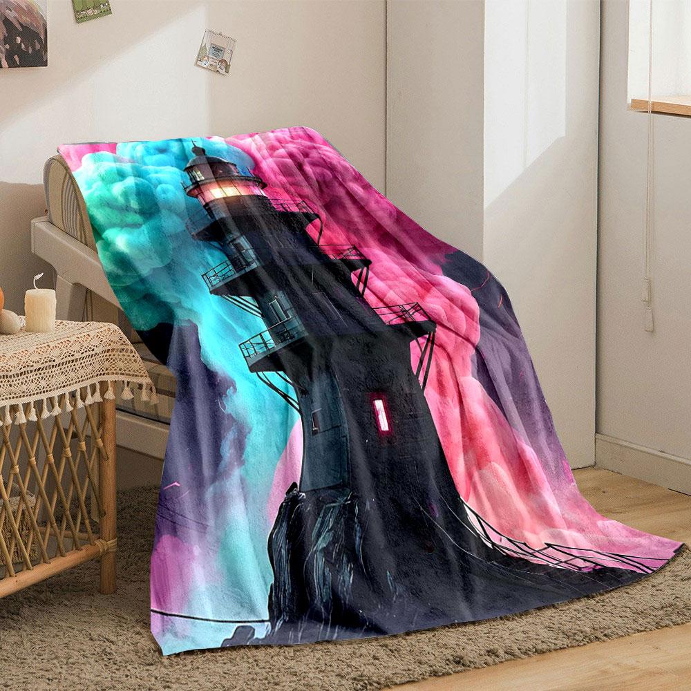 A black lighthouse stands amid vibrant pink and teal swirling clouds. for all seasons blanket lunch break throw gift