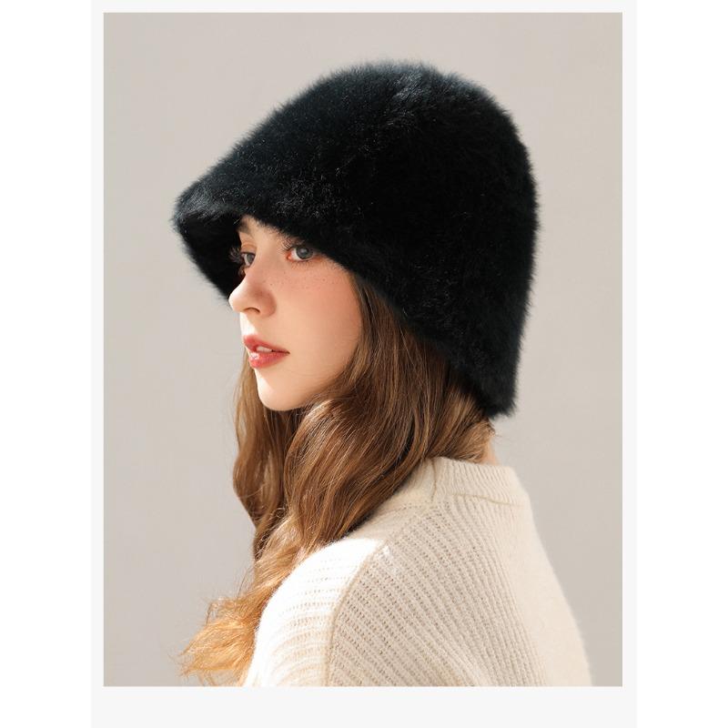 

Женская зимняя плюшевая шапка большого размера из натурального кроличьего меха с большим обхватом головы, осенне-зимняя шляпа-ведро чёрный
