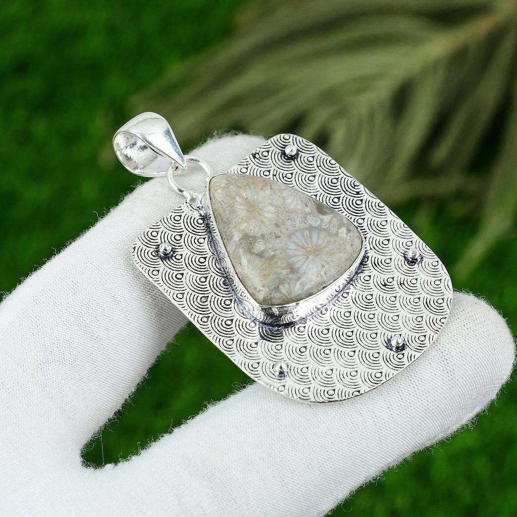 Fossil Coral Gemstone Anniversary Daughter Pendant Jewelry 925 Sterling Silver
