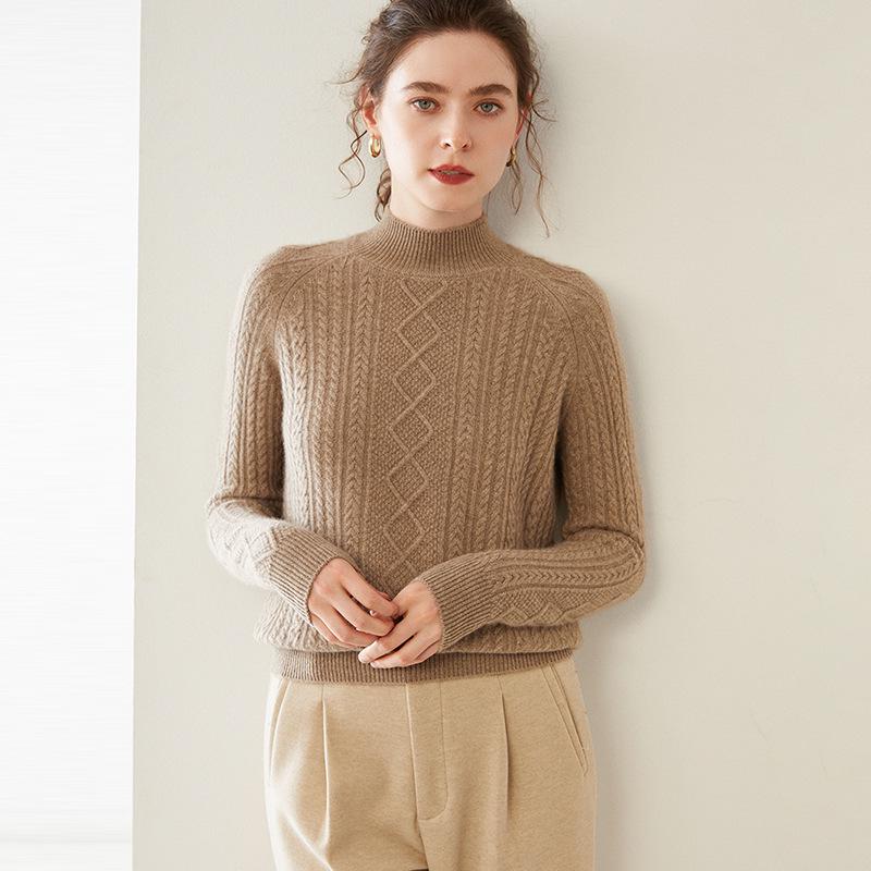 

Chic Minimalist High-Neck Cashmere Sweater with Small Diamond Knit Design S