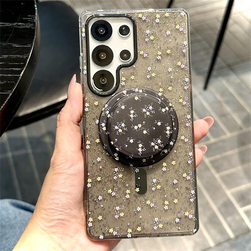 Koreanische minimalistische Glitzerblumen-Magnet-Handyhülle für Samsung S25 Ultra/S24 Plus