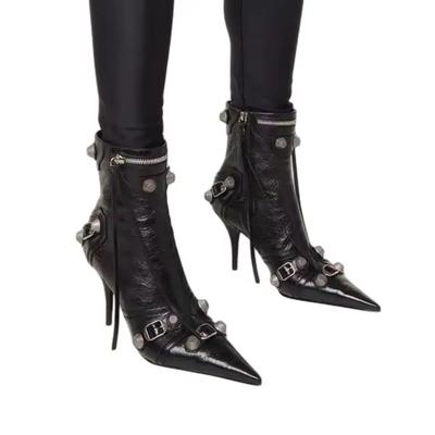 Fashion Women New Rivet Fringe Boots Metal Zipper Motorcycle Boots Belt Buckle Pointed Toe Knee High Shoes Aged-silver Studs Boots