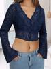 Herbst Damen Sexy Spitze V-Ausschnitt Geknöpft Langarm Crop Top