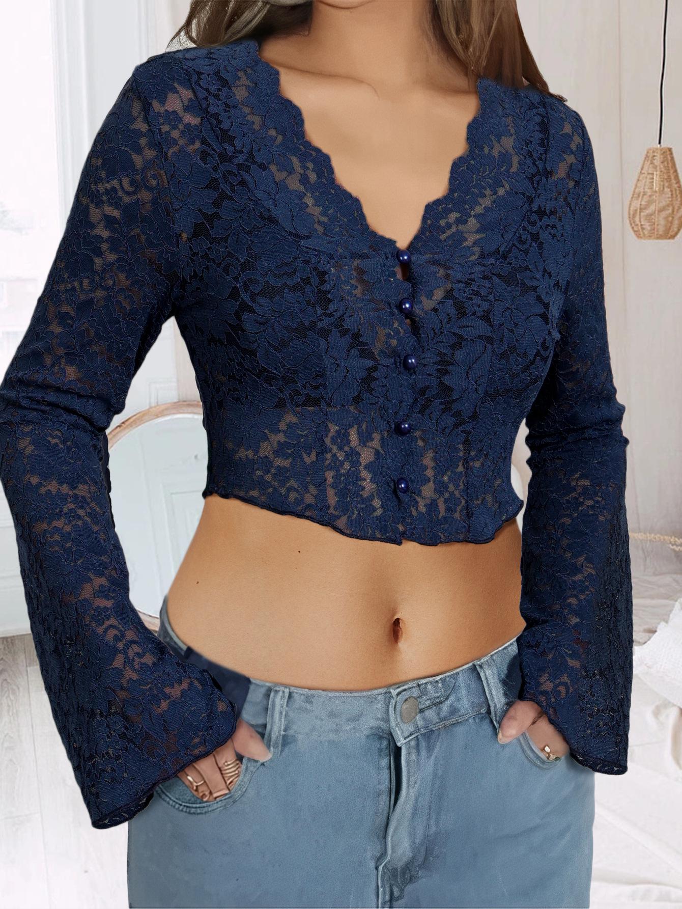 

Осенний женский сексуальный кружевной кроп-топ с V-образным вырезом и длинными рукавами на пуговицах Extra Large синий