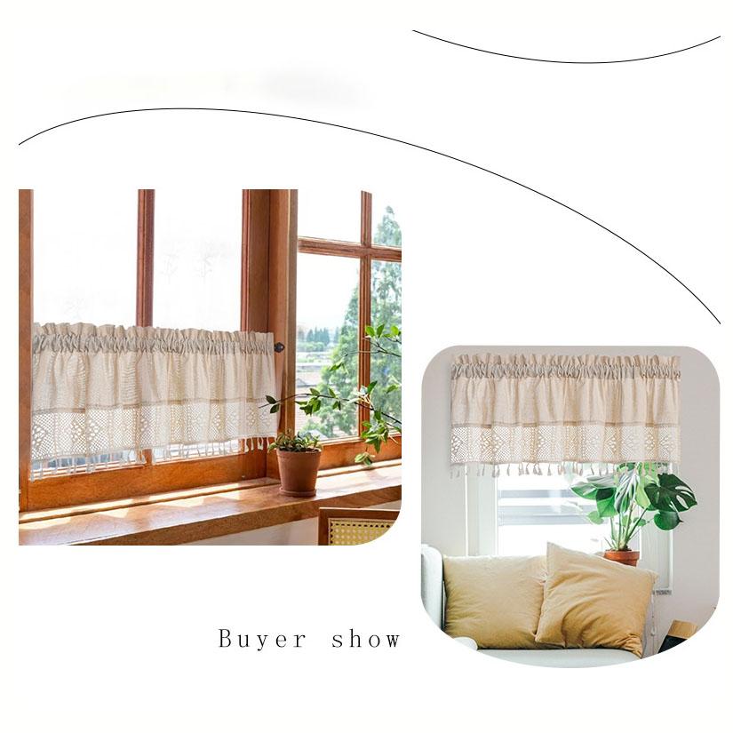 Cortina Curta de Renda de Linho e Algodão, Cortina Divisória com Franjas de Borla, Painel Bloqueador de Luz para Janela Pequena, Bainha para Varão Decoração de Casa