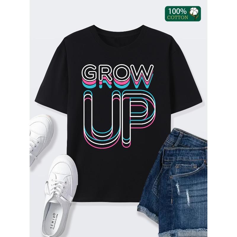 European sizes GROW UP 3D Letter Print T-Shirt – Women’s Casual Crew Neck Tee, Comfortable & Versatile for Home, Leisure, Fashion, Commuting