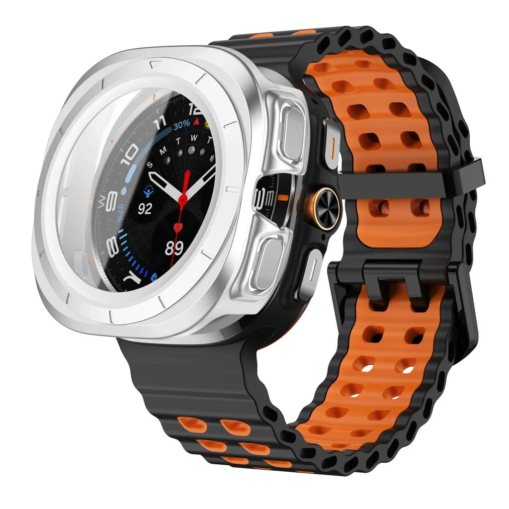 Gehärtetes Glas Case+Armband Für Samsung Galaxy Watch 7 ultra 47mm Zweifarbiges Sport-Silikonarmband Galaxy Watch Ultra7 Hülle