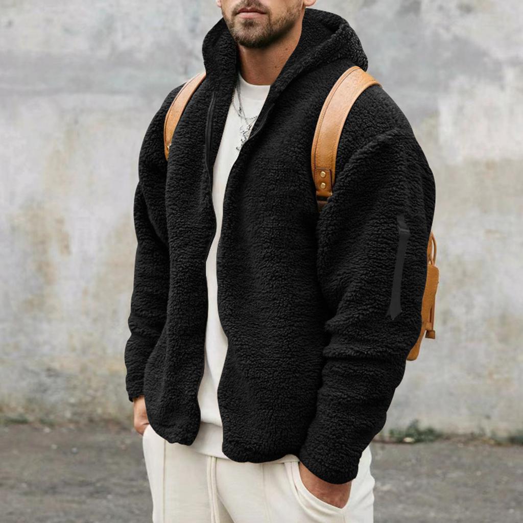 Men's Casual Loose Double-faced Fleece Jacket Solid Color Zipper Hooded Plush Warm Coat