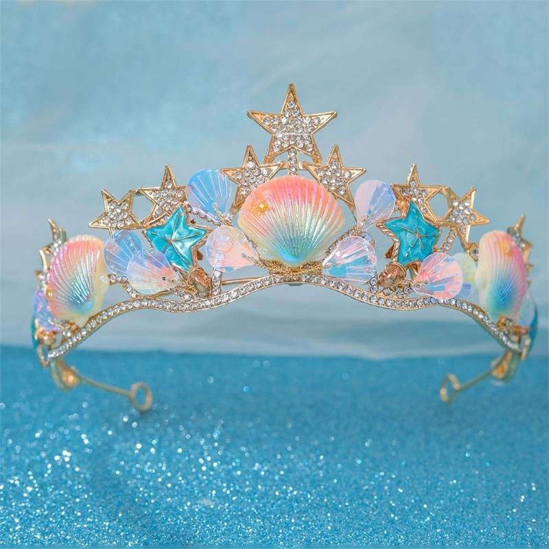 Handmade Sea Shell Star Fish Crown Headband for Ocean Themed Costume Parties and Bridal Accessories Hair Styling Crowns