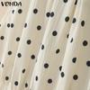 VONDA Women Summer Sleeveless Polka Dots Slim Waist Ruffled Pleated Dress