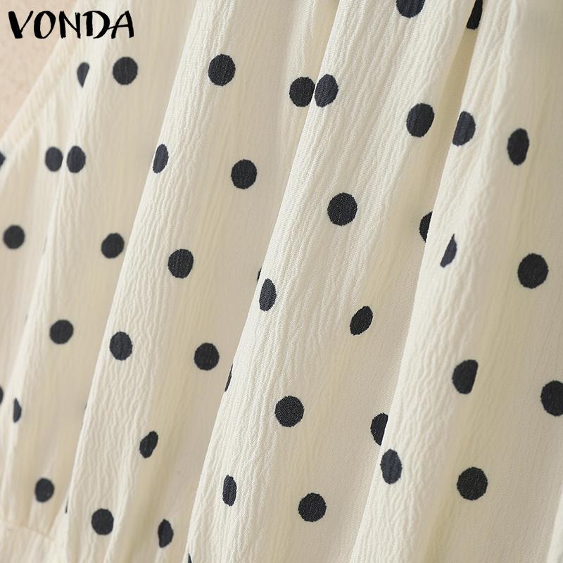 VONDA Women Summer Sleeveless Polka Dots Slim Waist Ruffled Pleated Dress