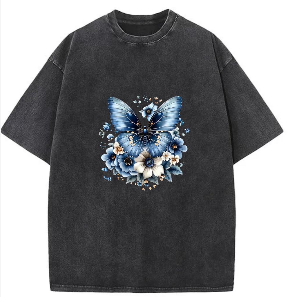 Boho Butterfly Floral Print Cotton Tee, Short Sleeve Crew Neck Summer Top