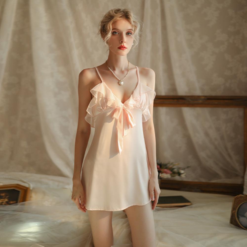 

Французская сексуальная ночная рубашка, женская ночная рубашка с глубоким V-образным вырезом на подтяжках, кружевная пижама с открытой спиной и бантом в стиле Pure Desire One Size розовый