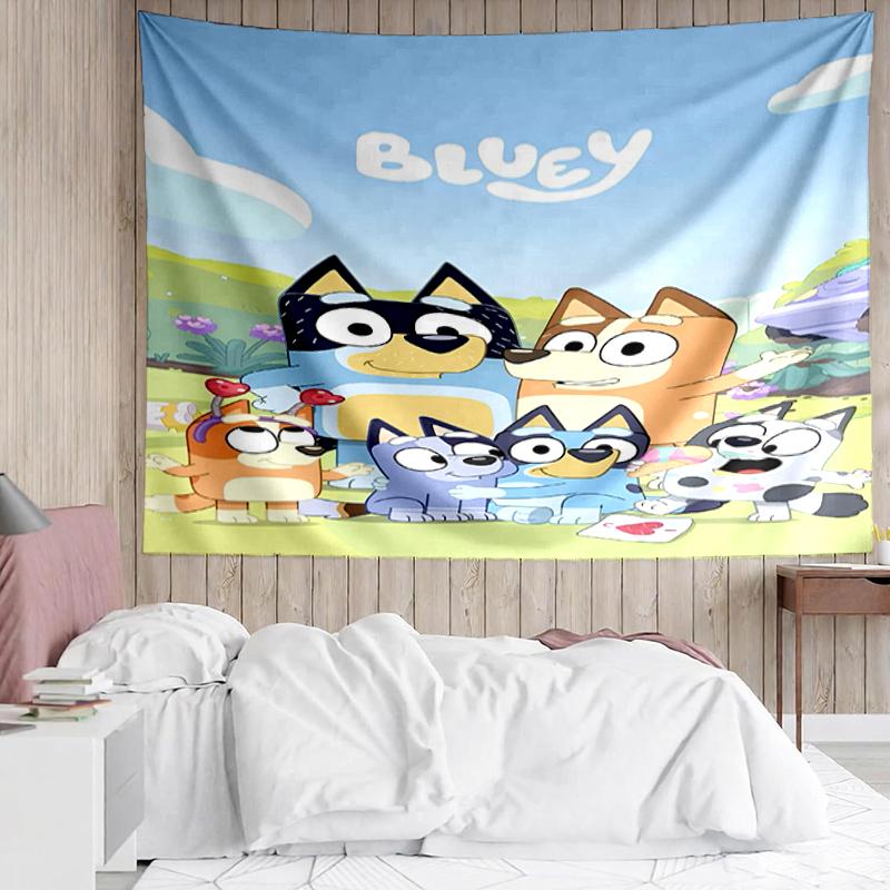 Bluey Print Tapestry, Backdrop, Easy Setup, Ideal for Bedroom, Office & Living Room, with Aesthetic Wall Hanging Decor.