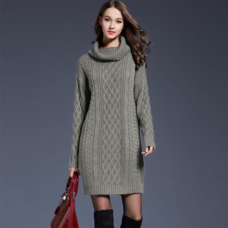 

Осенне-зимний новый европейский и американский свитер-платье из витой веревки с длинным рукавом, однотонный повседневный свитер с высоким воротником 4XL серый