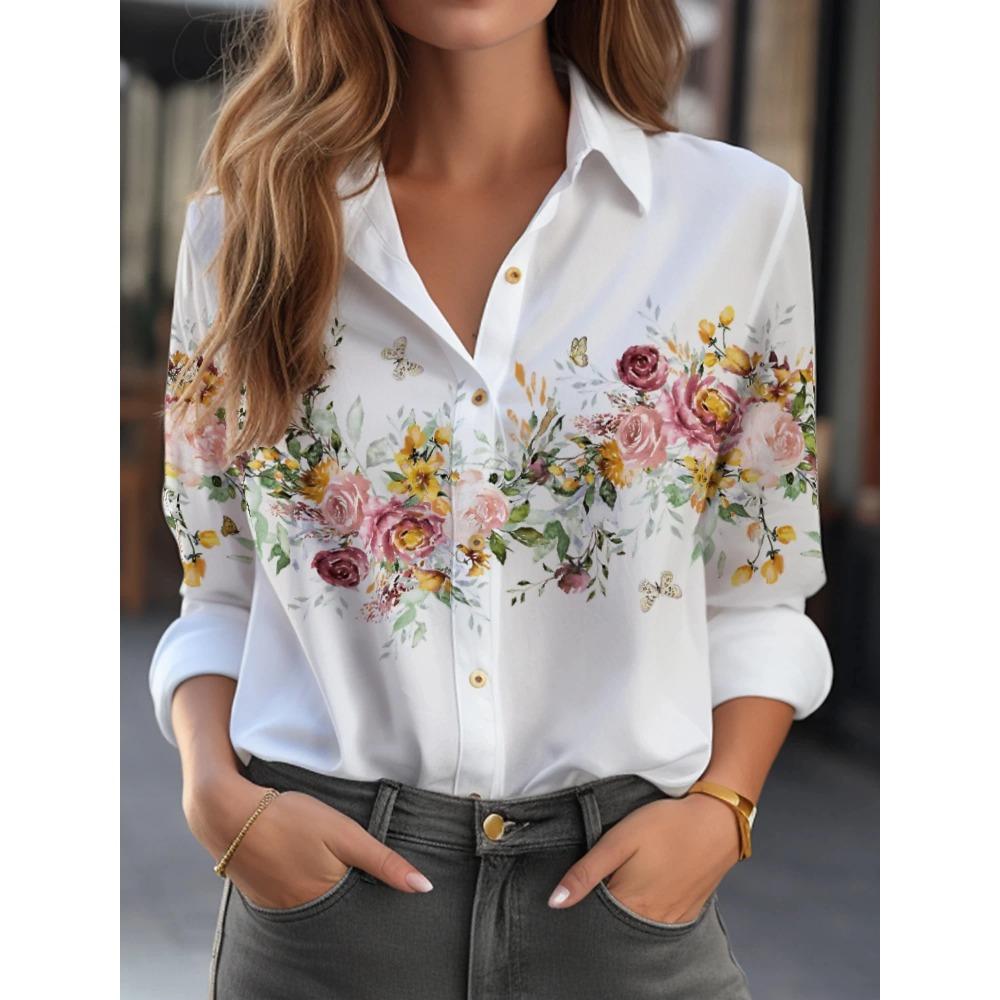 Summer Women's Shirt Flower Graphics Blouse Lapel Neck Blouse Women's Long Sleeve