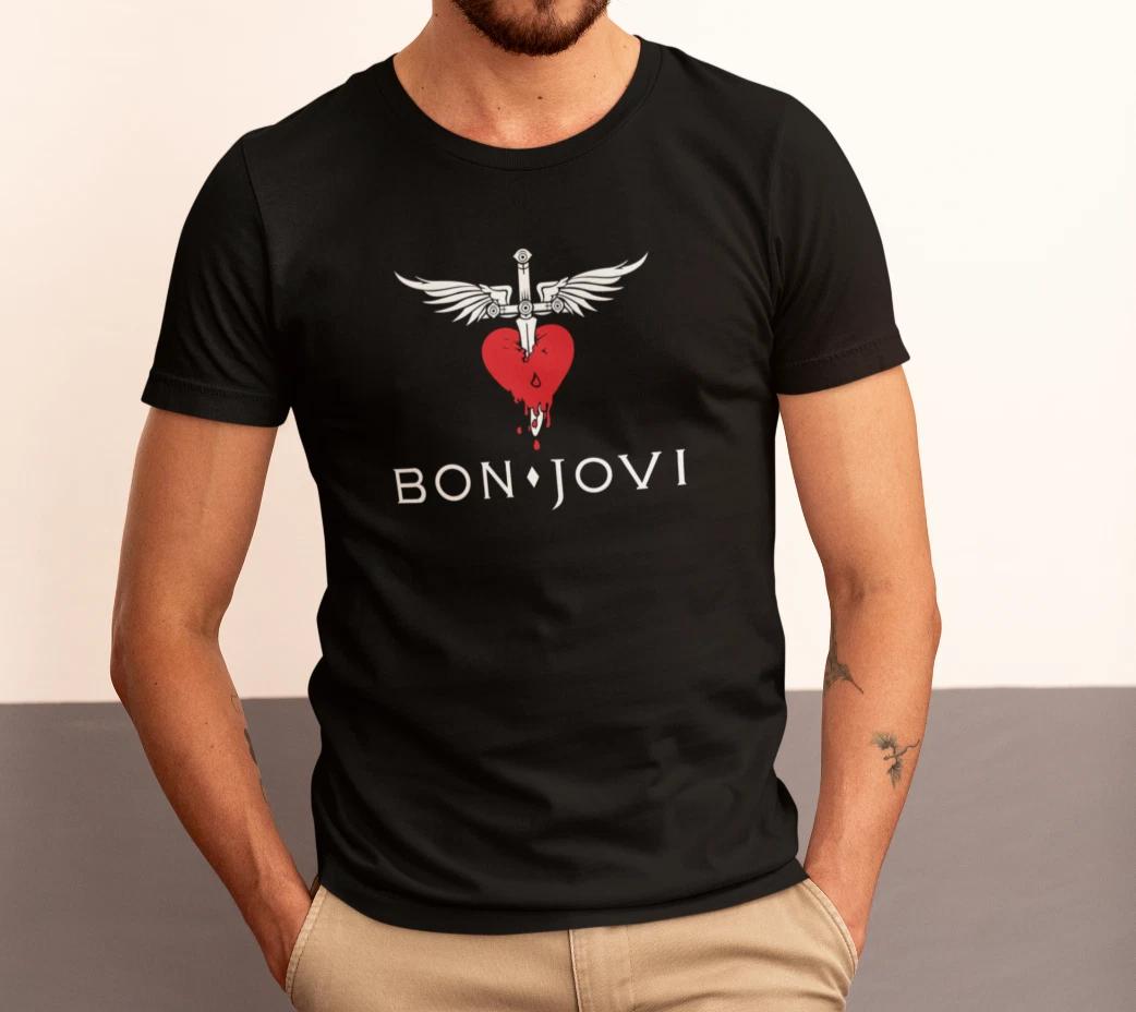 Bon Jovi Red Heart Black T-Shirt I Cotton Short Sleeve I Glam Hard rock gift L
