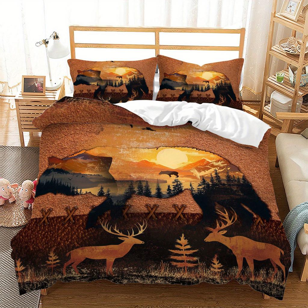 3pcs Bear Mountain Sunset Bedding Duvet Cover Set Wildlife Bedding Quilt Set Nature Themed Bed Quilt Set Autumn Forest