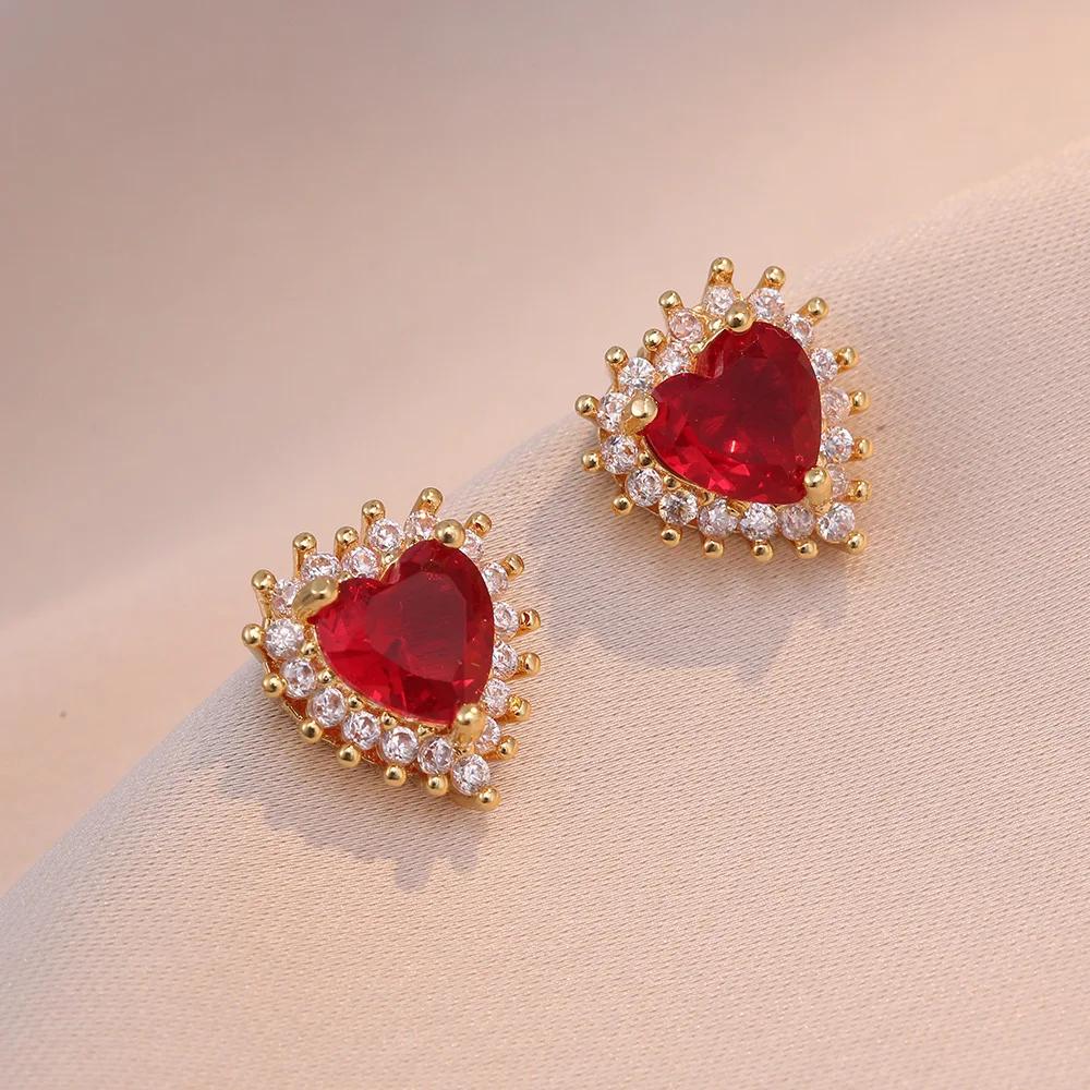 Sweet Romantic Love Studded with Zircon Ruby Earrings Ring Necklace Stainless Steel Accessories
