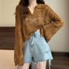 Women's Niche Hollow-Out Long-Sleeve Knit Sweater with Lapel Flare Sleeves - Early Spring Edition