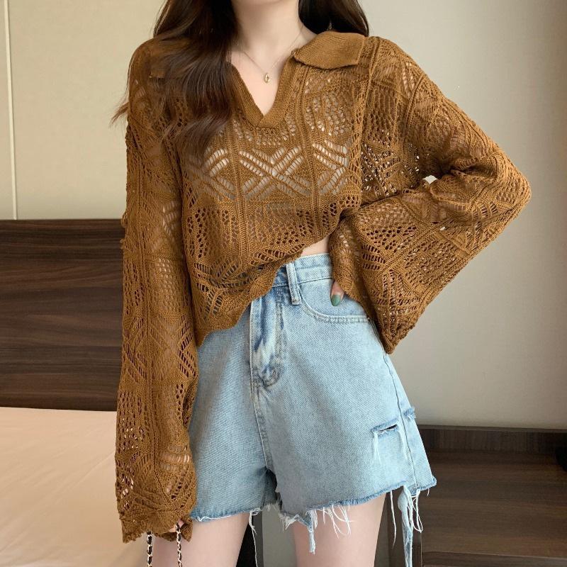 Women's Niche Hollow-Out Long-Sleeve Knit Sweater with Lapel Flare Sleeves - Early Spring Edition