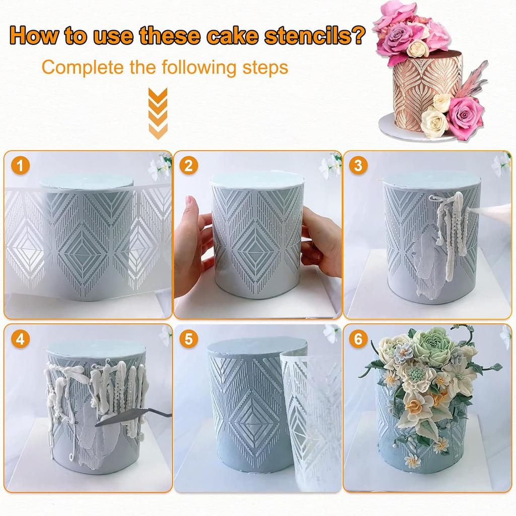 DI QIU REN 8PCS Cake Decorating Stencils & Templates, 8x9.8Inches Large Floral Cake Printing Fine Hollow Lace Cookie Fondant Dessert Cake Templates,