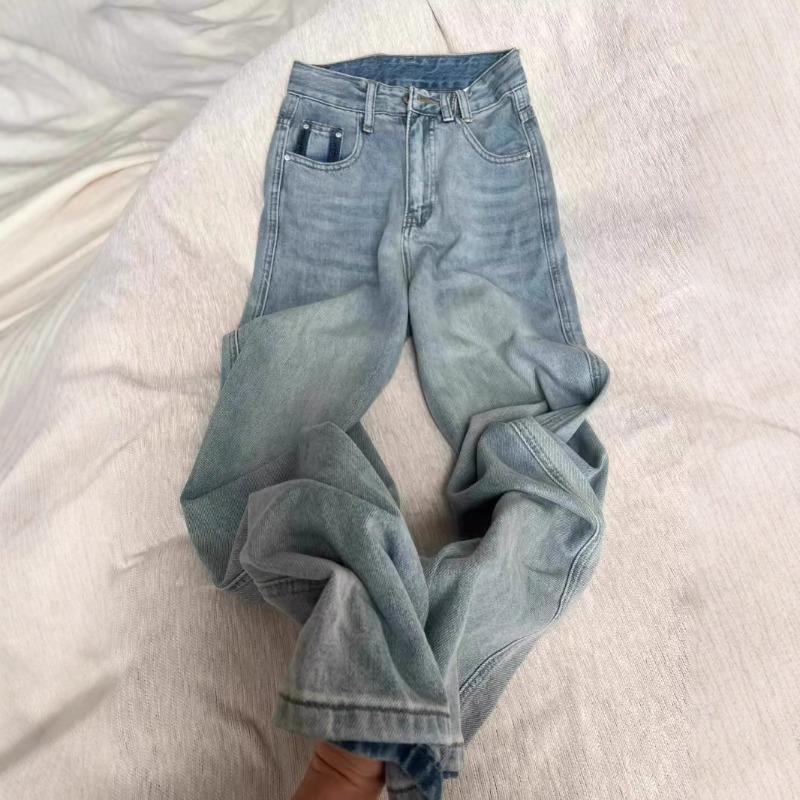 Light Blue Velvet Warm High-waisted Jeans for Women, High-waisted and Thin In Winter, Straight-leg Wide-leg Pants with Contrasting Colors