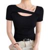 Damen Schwarzes Geripptes Asymmetrischer Halsausschnitt Cutout Kurzarm Figurbetontes Lässiges T-Shirt