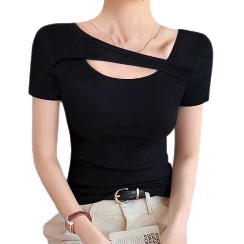 Damen Schwarzes Geripptes Asymmetrischer Halsausschnitt Cutout Kurzarm Figurbetontes Lässiges T-Shirt