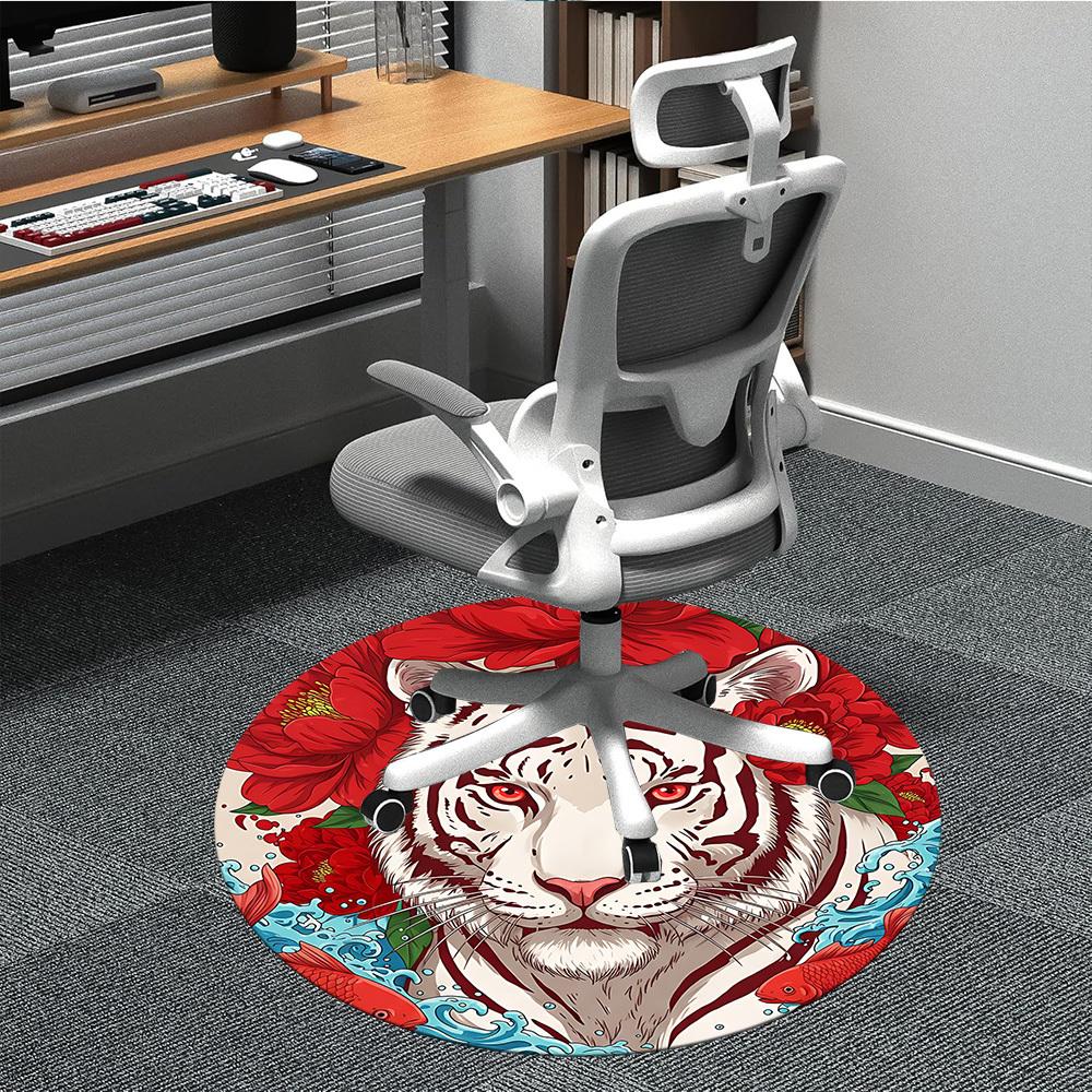 1pc Tiger Floral Pattern Chair Carpet for Office, Round Non-Slip Durable Large Size Office Carpet, Suitable for Office, Beautiful Decoration