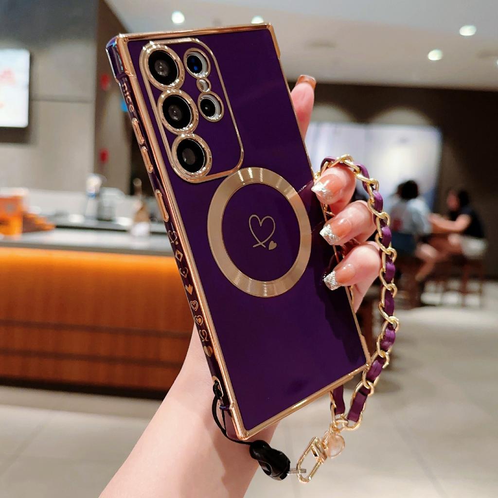 For Samsung Galaxy S24 Ultra Magnetic Case Electroplated Love Hearts TPU Phone Cover with Chain Strap
