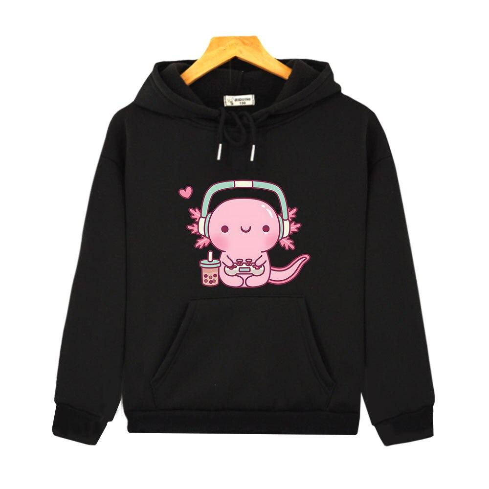 Cute Axolotl Playing Video Games Hoodie Cartoon Gamer Funny Print Sweatshirt Kids Clothes Boys Girl Clothing Y2k Winter Pullover