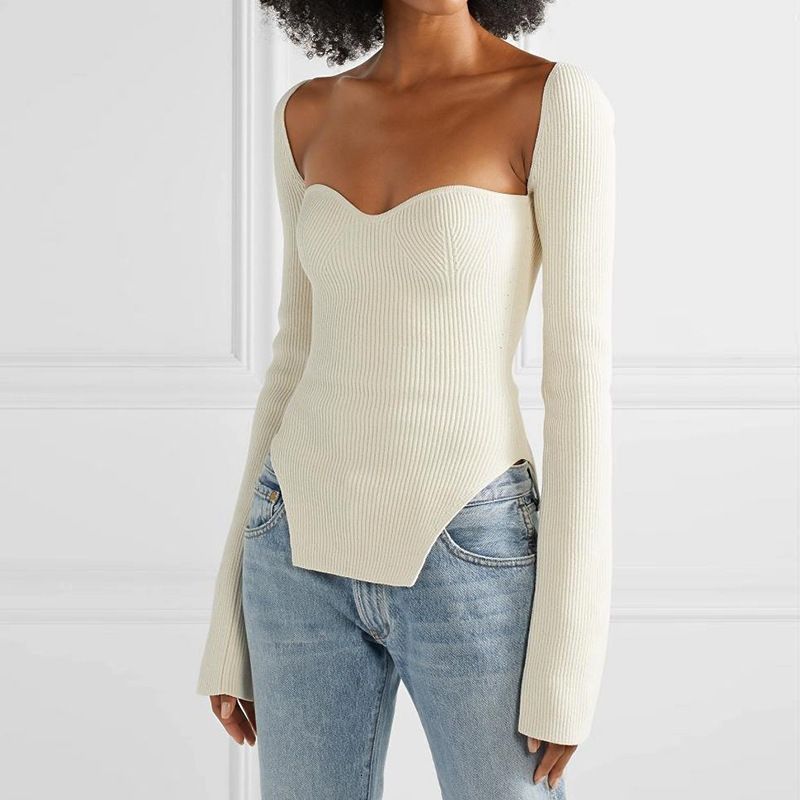 European and American Internet Celebrity Ins Sexy French style Retro Square Collar Slim fit Long sleeve Knit Top Women Sexy Slim Top