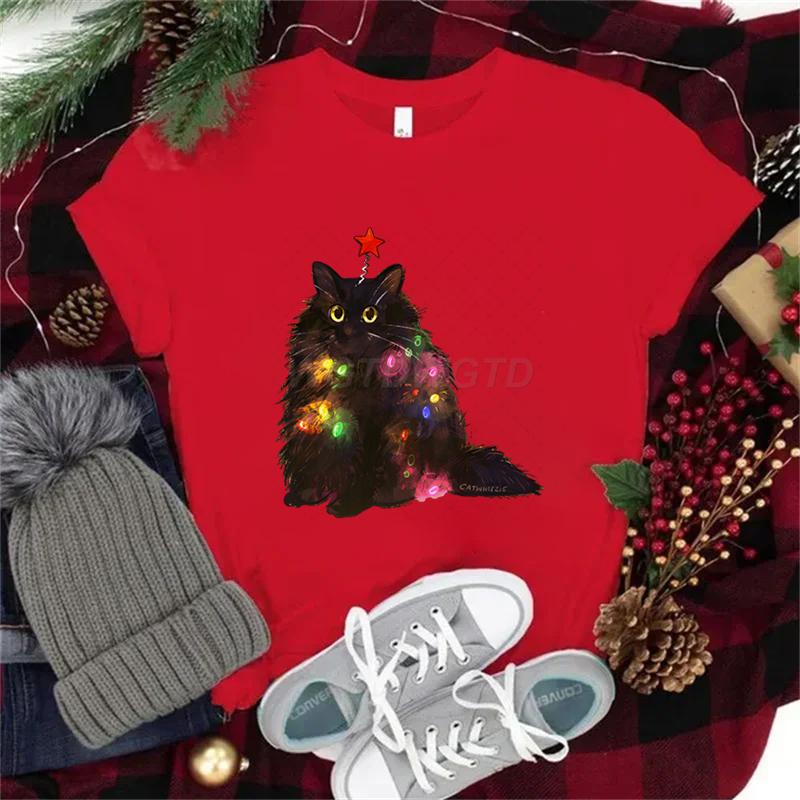 Women Tshirts Christmas Lights Cat Kawaii Cartoon Tops Tees Cute Animal Lover Funny T Shirts Girl Black Cat Fashion Casual Tops