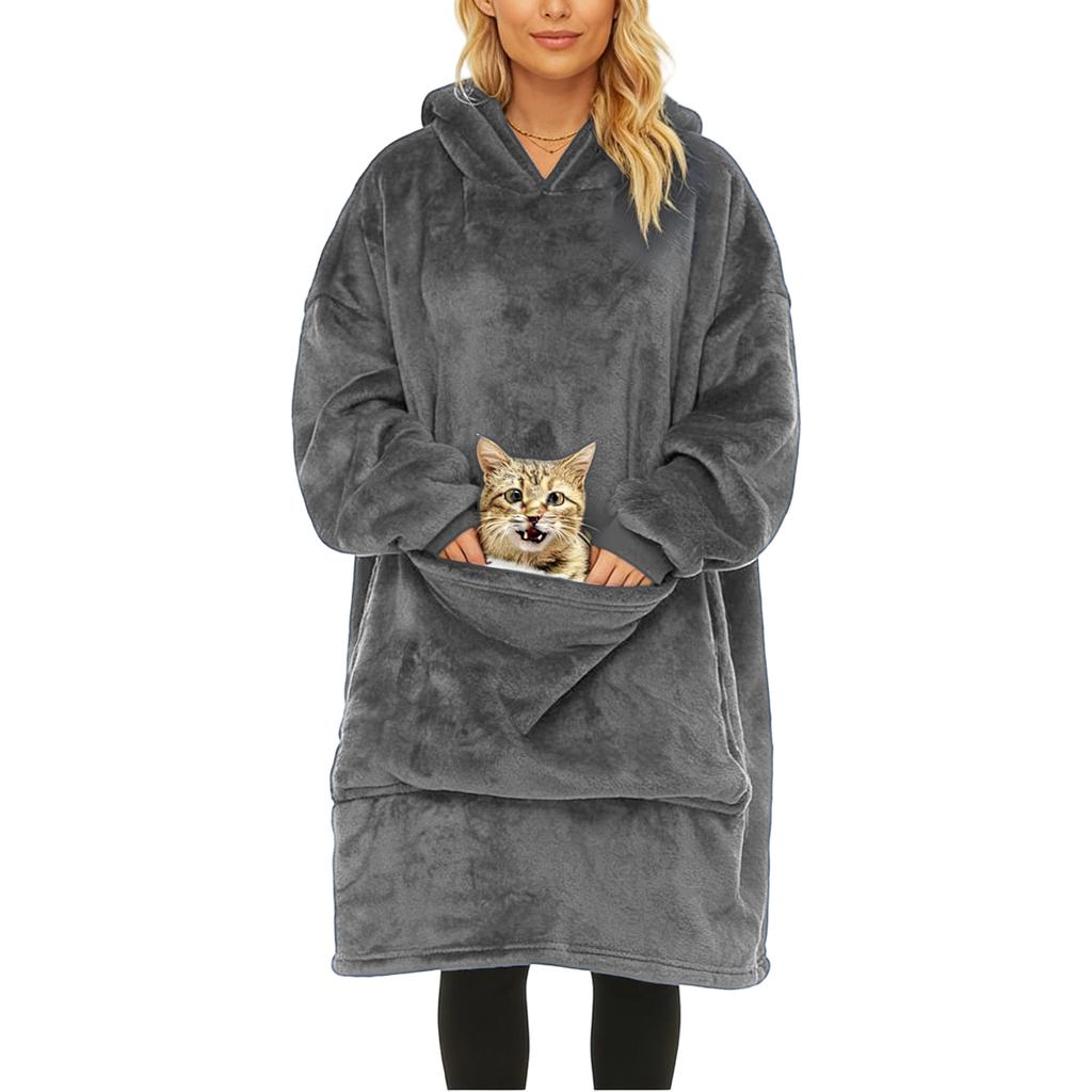 Pyjama/Bademantel aus Flanell mit tragbarer Decke - Kapuze, extra großer, weicher und warmer Kapuzenpullover aus Lammwolle mit extra großer Haustiertasche.