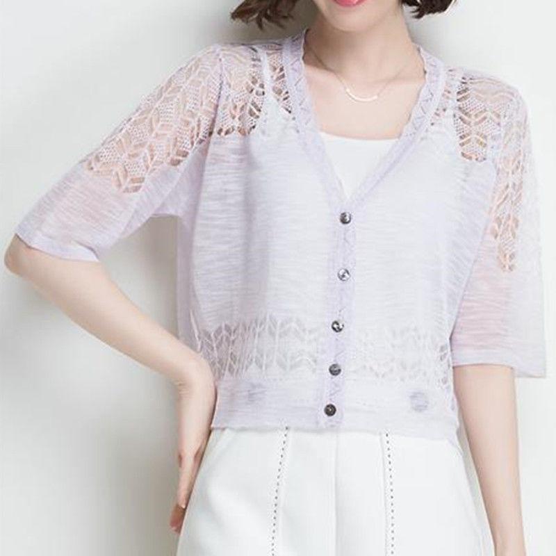 

Вязаный кардиган из ледяного шелка с коротким рукавом, летняя одежда, женский новый тонкий ажурный белый платок, защита от солнца One Size светло-фиолетовый
