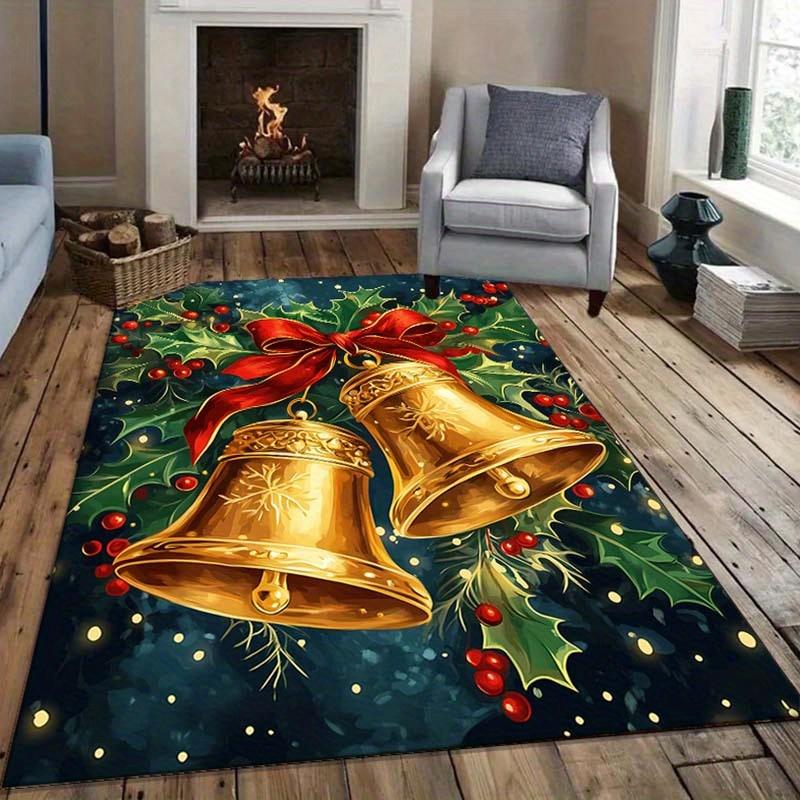 Christmas Bell Rug - Festive Gold Bells with Holly Berries for Holiday Décor | Winter Wonderland Carpets Skid resistant carpet