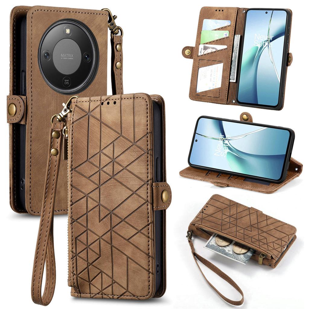 Etui For Honor Magic8 Lite 5G/X9d 5G/X70 5G Portfel na zamek Błyskawiczny Geometryczne Linie Skórzana Osłona Telefonu z Paskiem