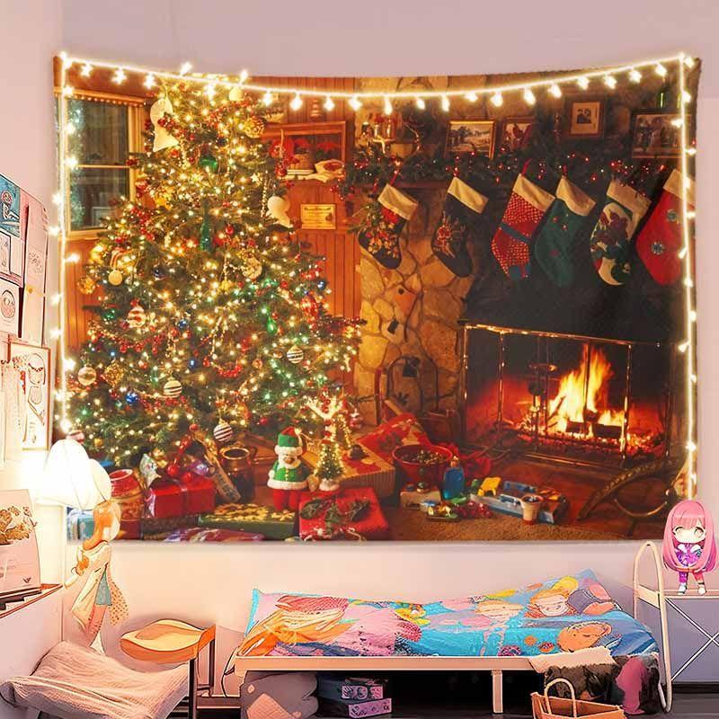 Vintage Christmas Living Room Wall Tapestry Big Tree Fireplace Sofa Gift Warm Light Cozy Holiday Aesthetic Home Decor