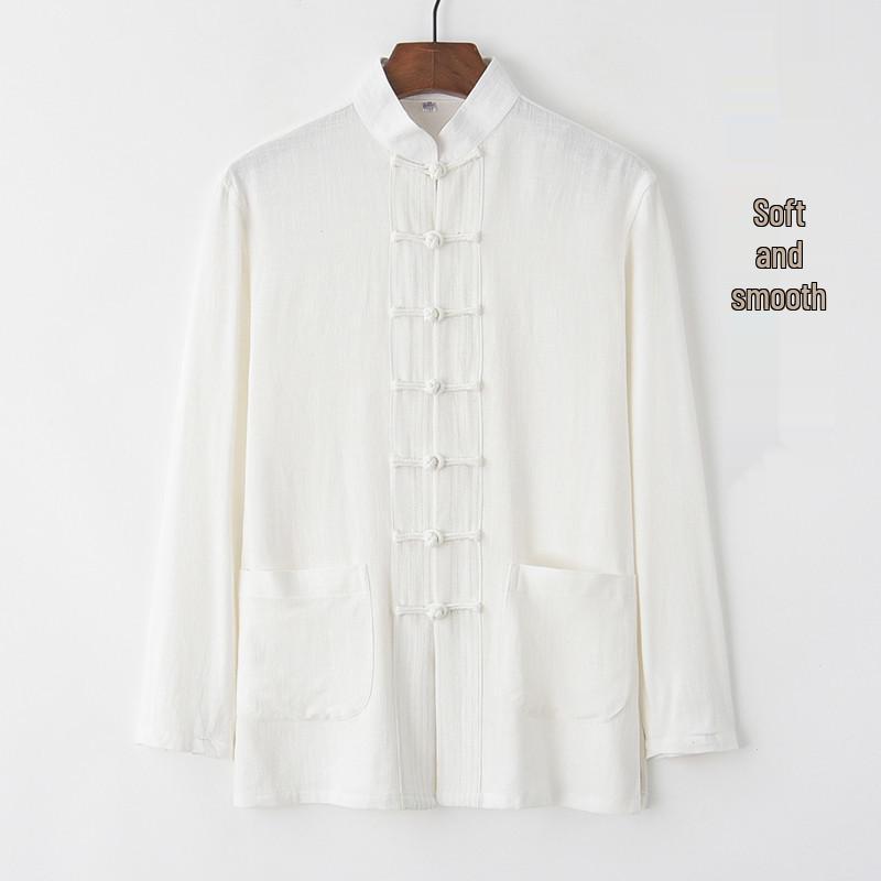 Costume Tang en Coton Lin à Manches Longues pour Homme: Style chinois rétro, Coupe ample pour personnes d'âge moyen et âgées, Parfait pour le Tai Chi.