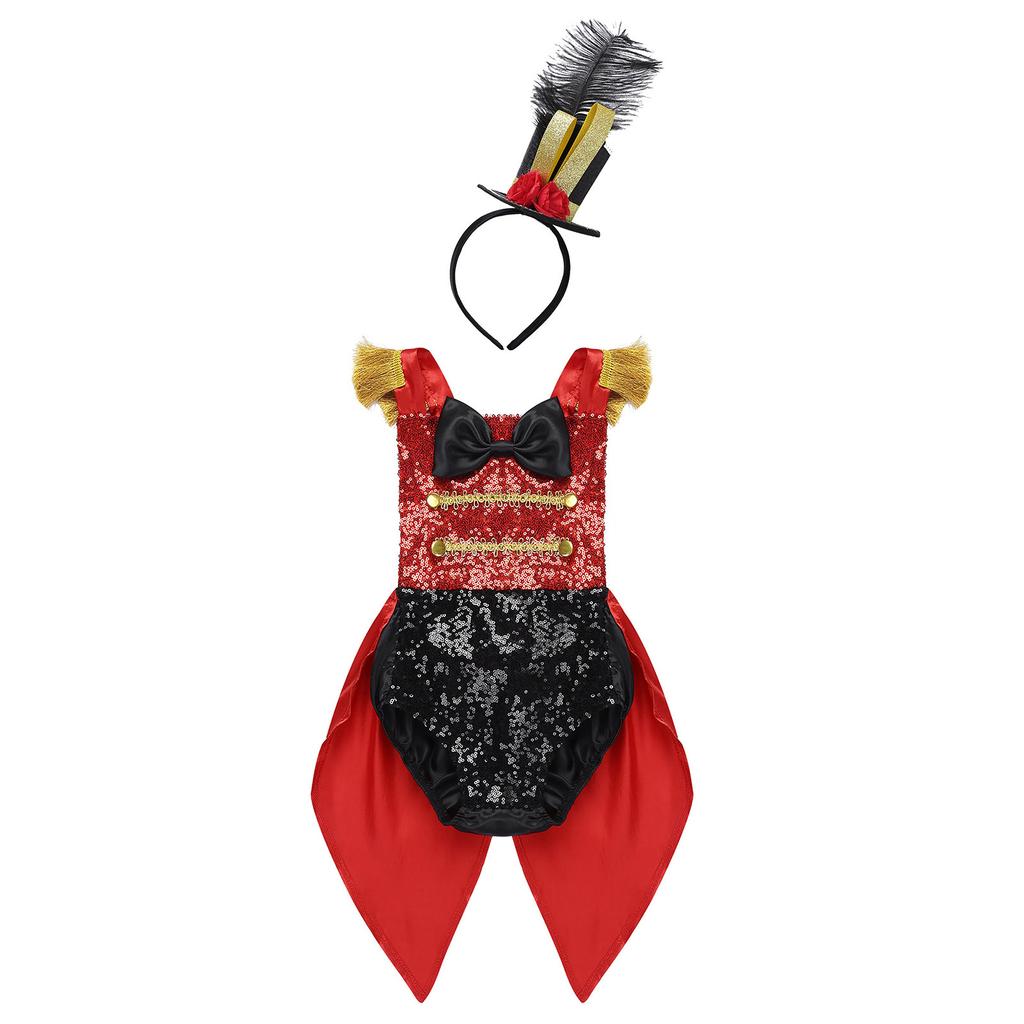 Baby Girl Toddler Showman Ringmaster Circus Costume Bodysuit Sequins Bowknot Romper with Feather Hat for Halloween Cosplay Party