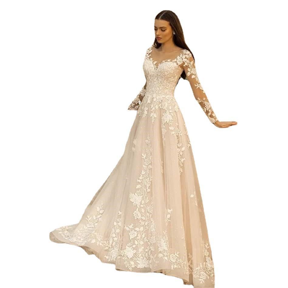 Long-sleeved Wedding Dress Mori Spring and Autumn New Bride Simple Round Neck Slim Perspective Travel Photo Trailing Soft Yarn Thin